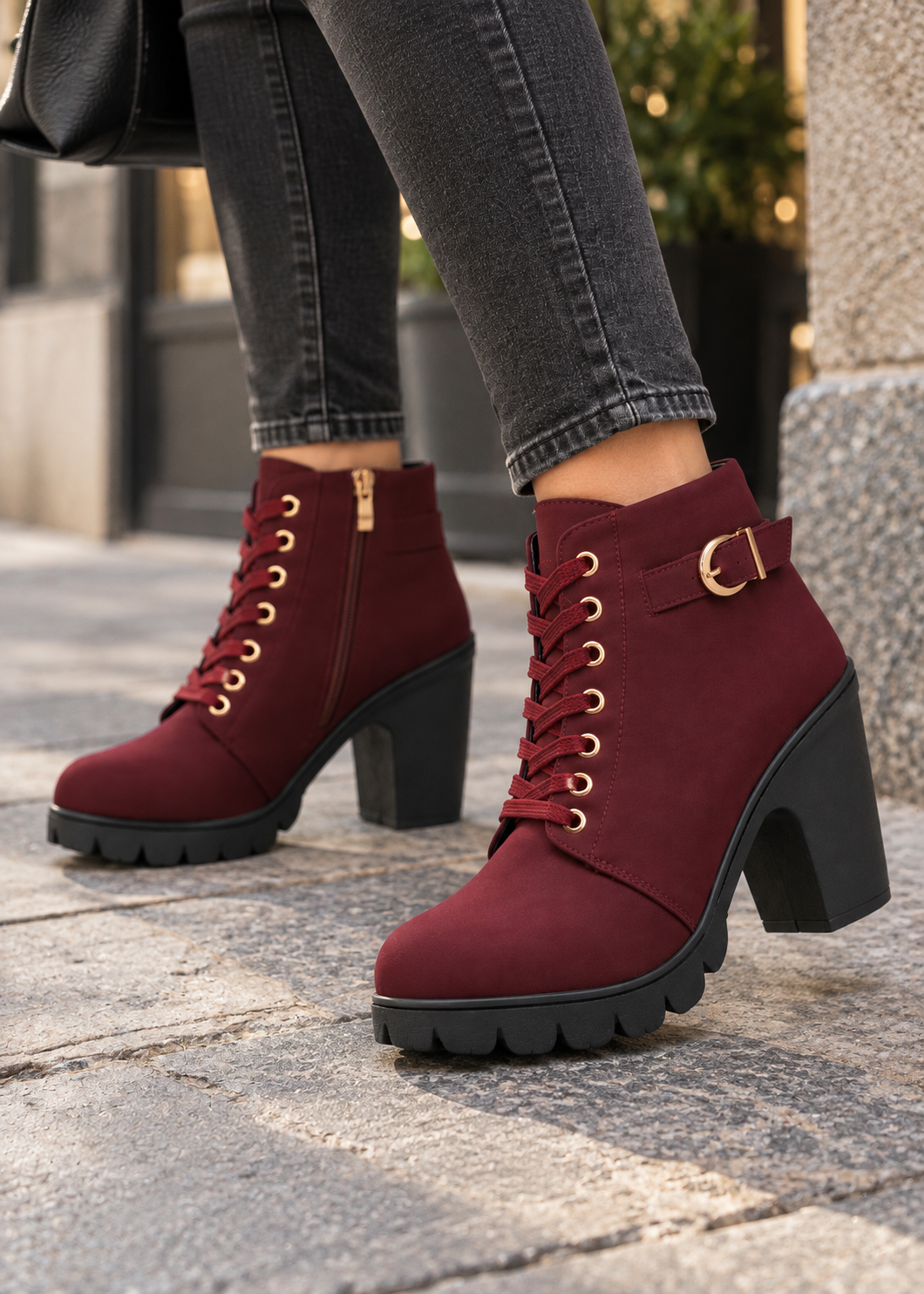 Block Heel Lace-Up Ankle Boots for Women | Side Zip | Combat Style | Steven & Levon