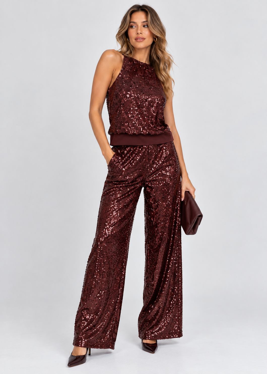 Women's Sequin Fur Patchwork Top | Co Ord Set | Wide Leg Jeans | Steven & Levon