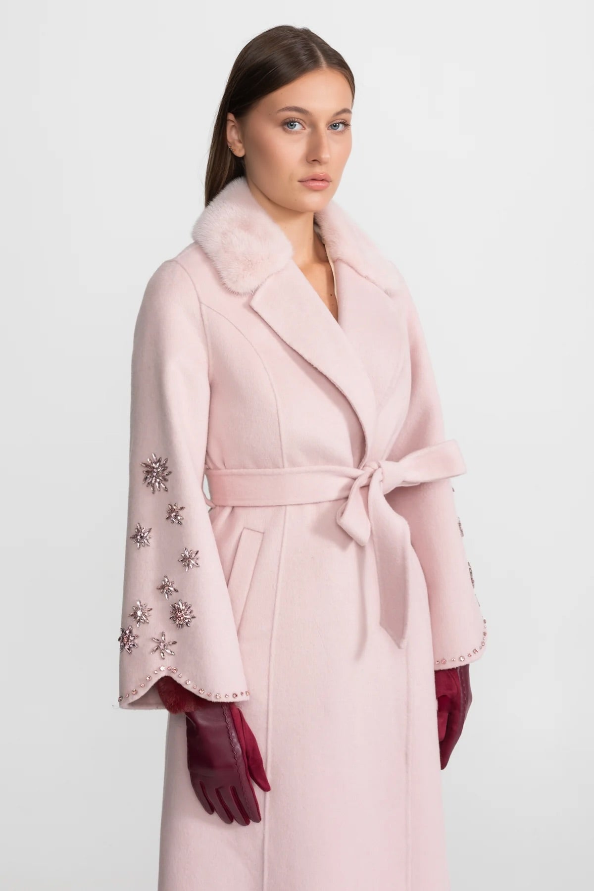 Women's Wool & Cashmere Overcoat | Fox Fur Collar | Crystal Embellished Sleeves, Pink, Belted Wrap Coat | Steven & Levon