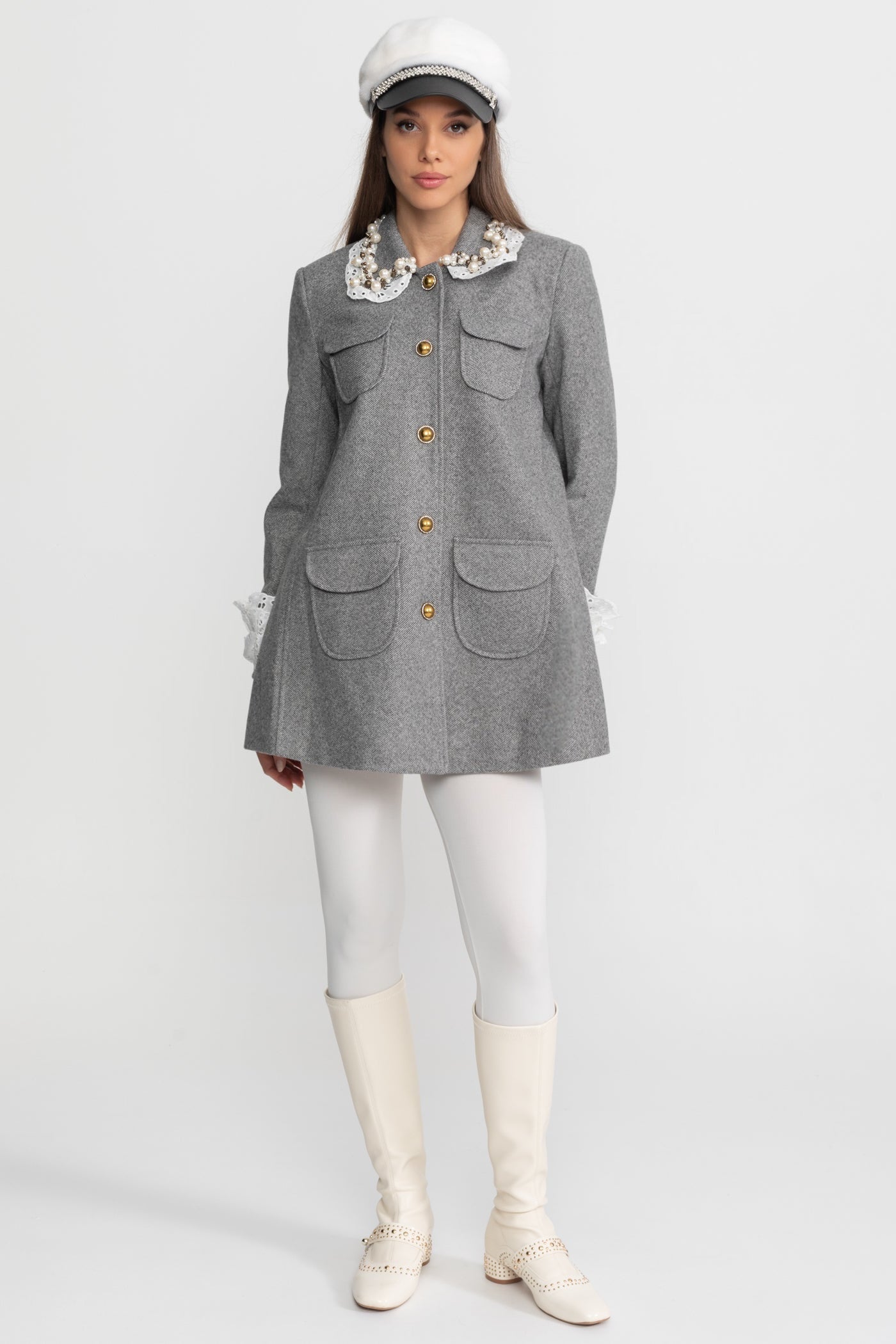 Mini Coat | Women's Wool Blend Coat | Pearl Embellished Lace Collar, Grey Cropped Outerwear | Steven & Levon