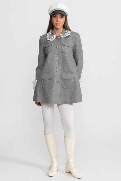Mini Coat | Women's Wool Blend Coat | Pearl Embellished Lace Collar, Grey Cropped Outerwear | Steven & Levon