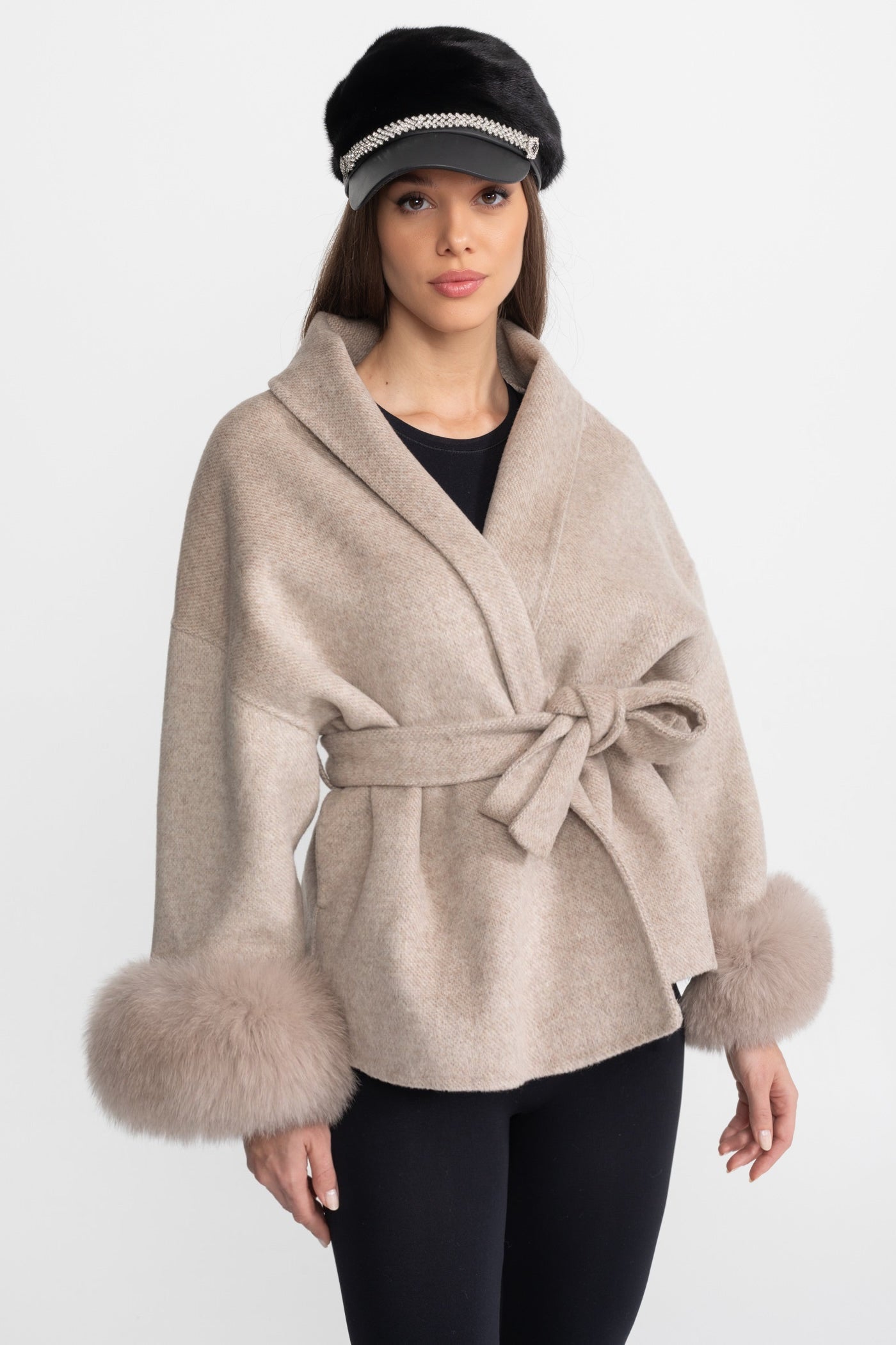 Women's Wool Blend Wrap Jacket | Fox Fur Cuffs | Belted Beige Coat | Steven & Levon