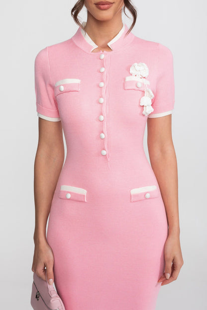 Ribbed Knit Midi Dress | Women | Contrast Trim | Decorative Pockets | Pink | Steven & Levon