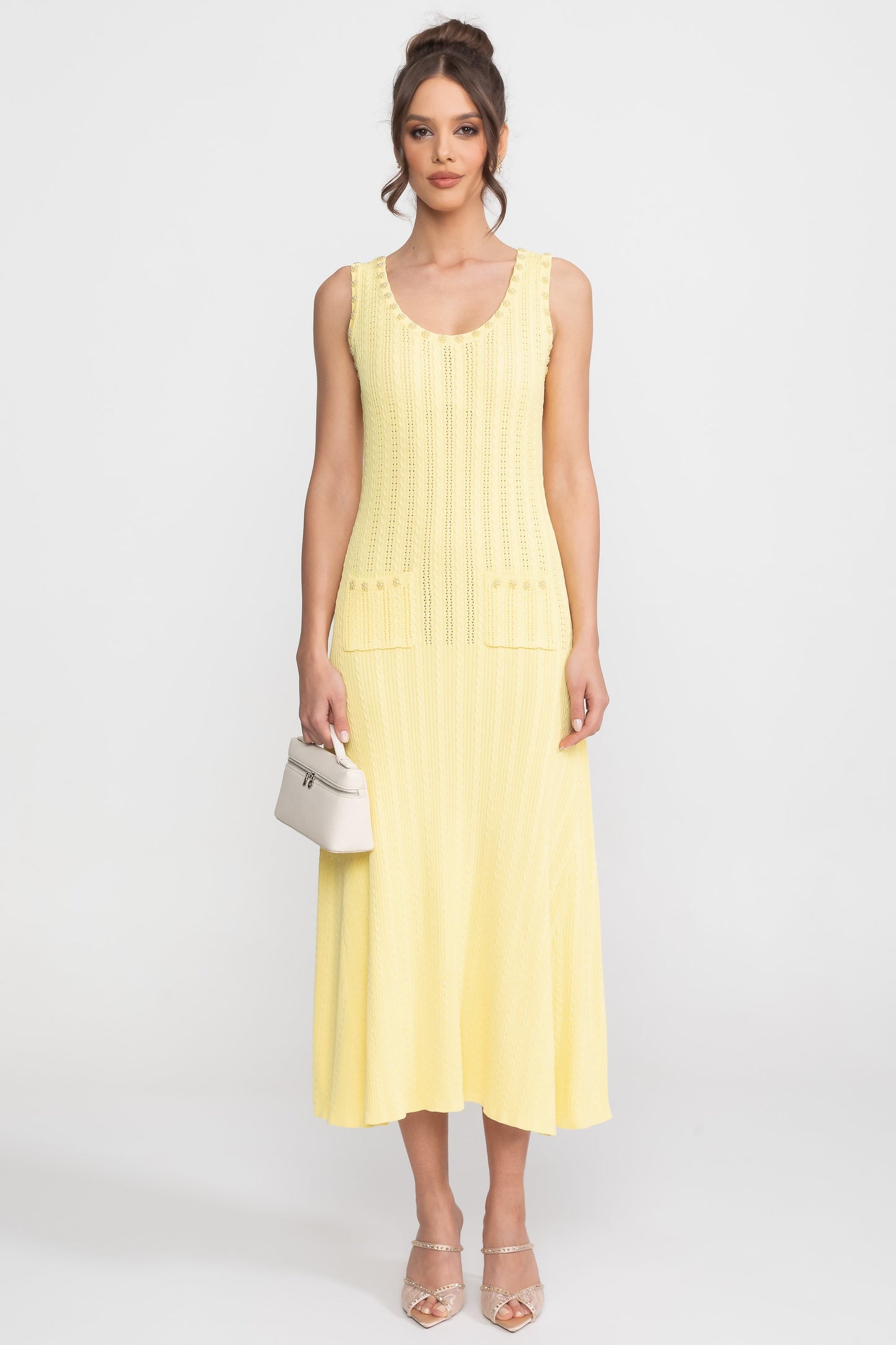 Ribbed Knit Dress & Cardigan Set | Women | Pearl Buttons | Yellow | Steven & Levon
