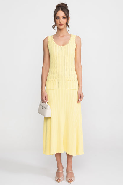 Ribbed Knit Dress & Cardigan Set | Women | Pearl Buttons | Yellow | Steven & Levon