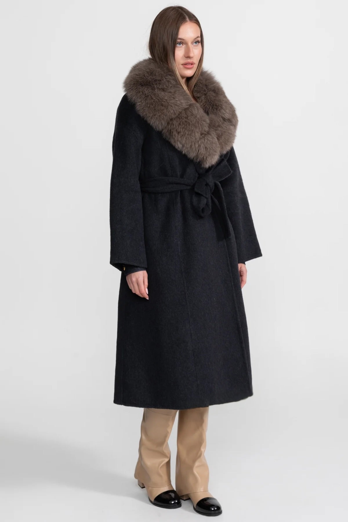 Women's Wool Wrap Coat | Fox Fur Collar | Tie Belt | Black Brown Winter Coat | Steven & Levon
