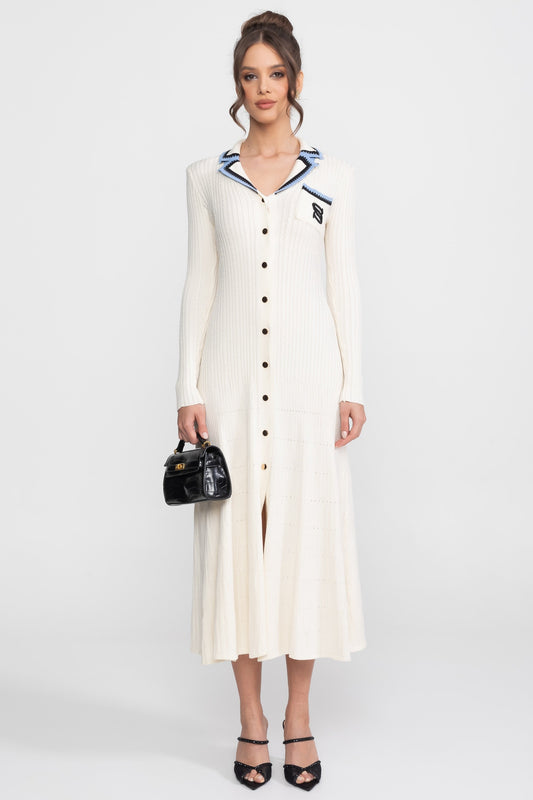 Polo Collar Knit Midi Dress | Women | Long Sleeve | Ivoire | Steven & Levon