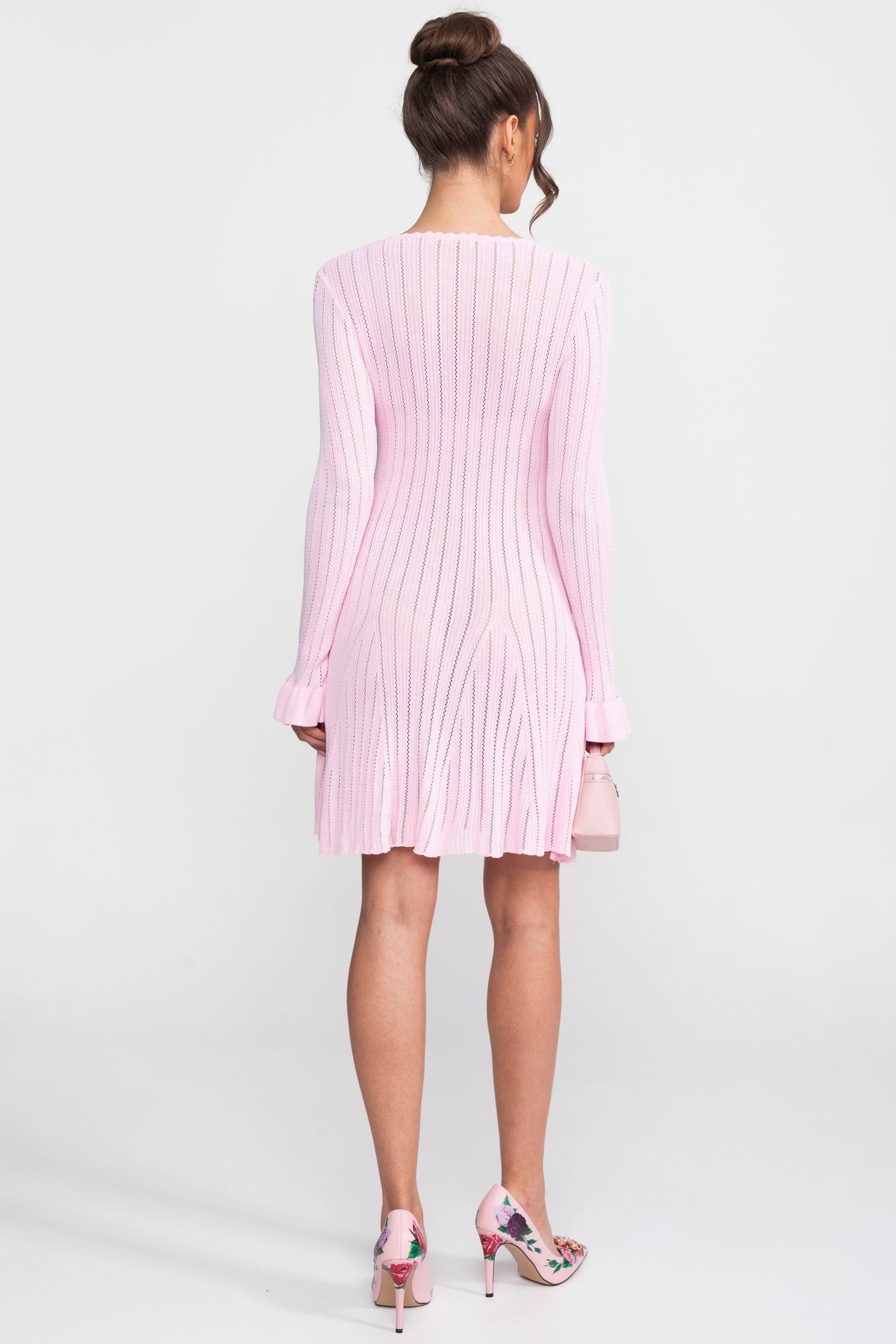 Open Knit Mini Dress | Women | Scallop Neck | Ruffle Cuffs | Pink | Steven & Levon