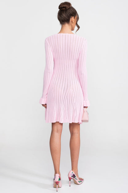 Open Knit Mini Dress | Women | Scallop Neck | Ruffle Cuffs | Pink | Steven & Levon