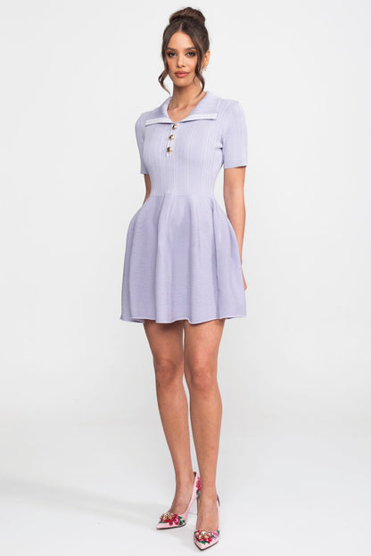 Ribbed Knit Mini Dress | Women | Open Polo Collar | Jewel Buttons | Lilac | Steven & Levon