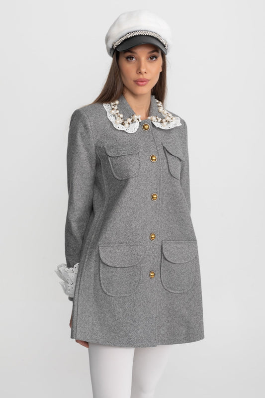 Mini Coat | Women's Wool Blend Coat | Pearl Embellished Lace Collar, Grey Cropped Outerwear | Steven & Levon