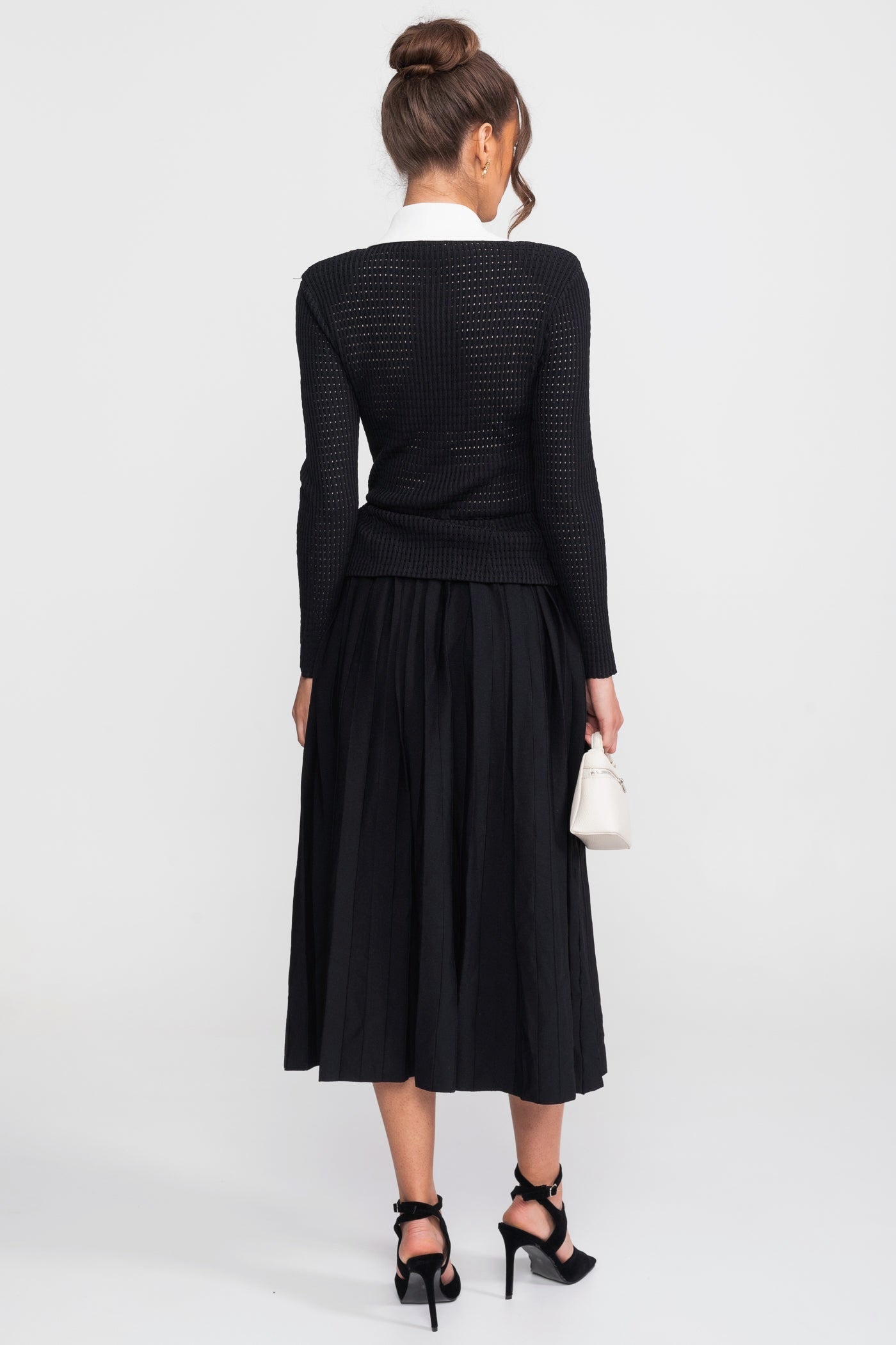 Open Knit Cardigan & Pleated Midi Skirt Co-Ord Set | Women | Black | Steven & Levon