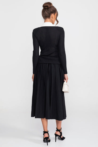 Open Knit Cardigan & Pleated Midi Skirt Co-Ord Set | Women | Black | Steven & Levon