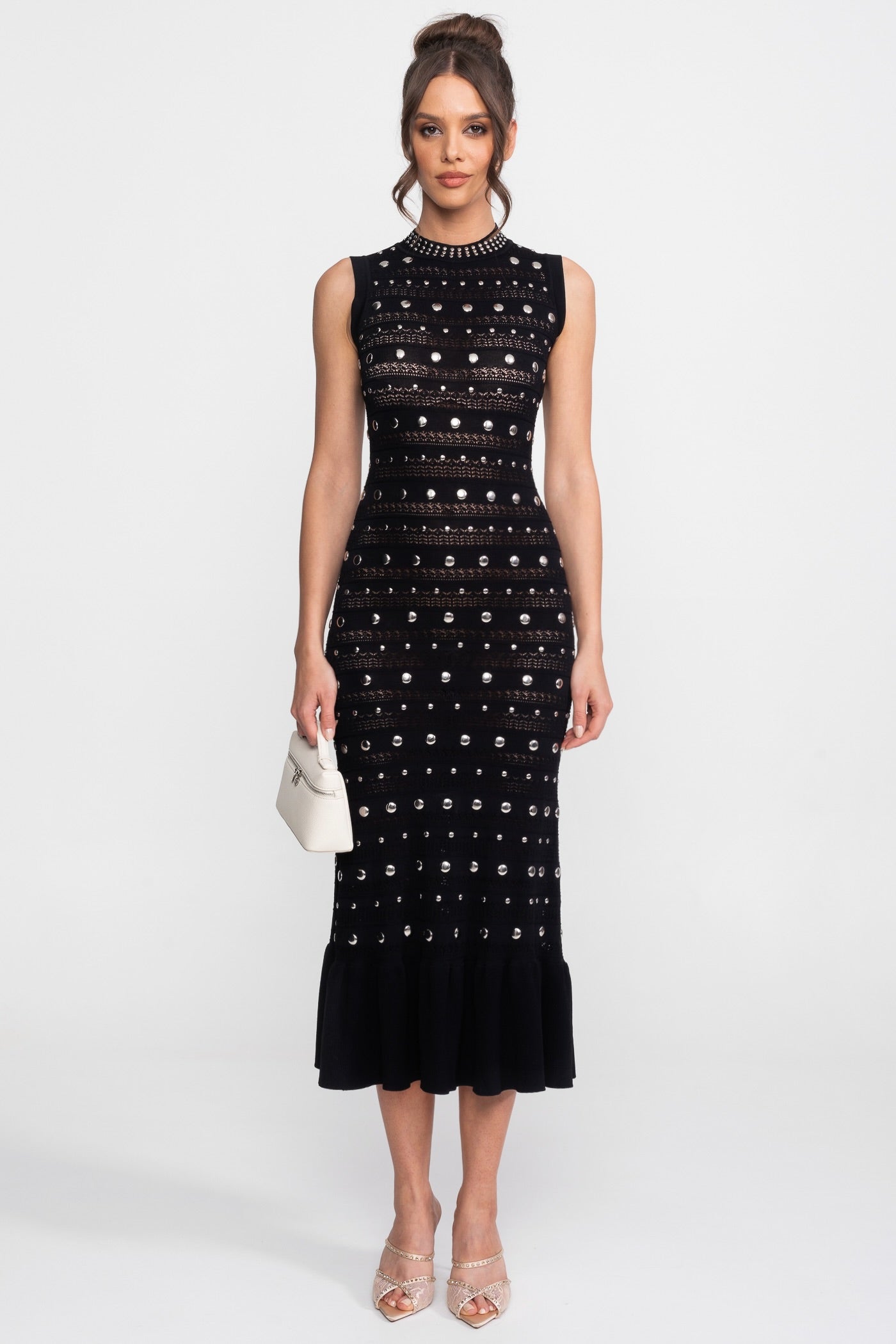 Embellished Knit Midi Dress | Women's High Neck Dress | Crystal Trim | Black | Steven & Levon