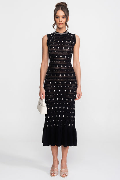 Embellished Knit Midi Dress | Women's High Neck Dress | Crystal Trim | Black | Steven & Levon