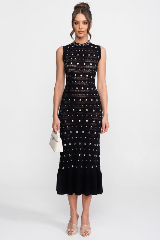 Embellished Knit Midi Dress | Women's High Neck Dress | Crystal Trim | Black | Steven & Levon