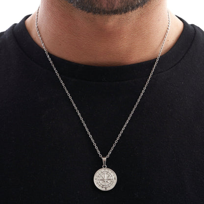 Silver Compass Pendant | Men | Stainless Steel | Nautical Design | Statement Necklace | Steven & Levon