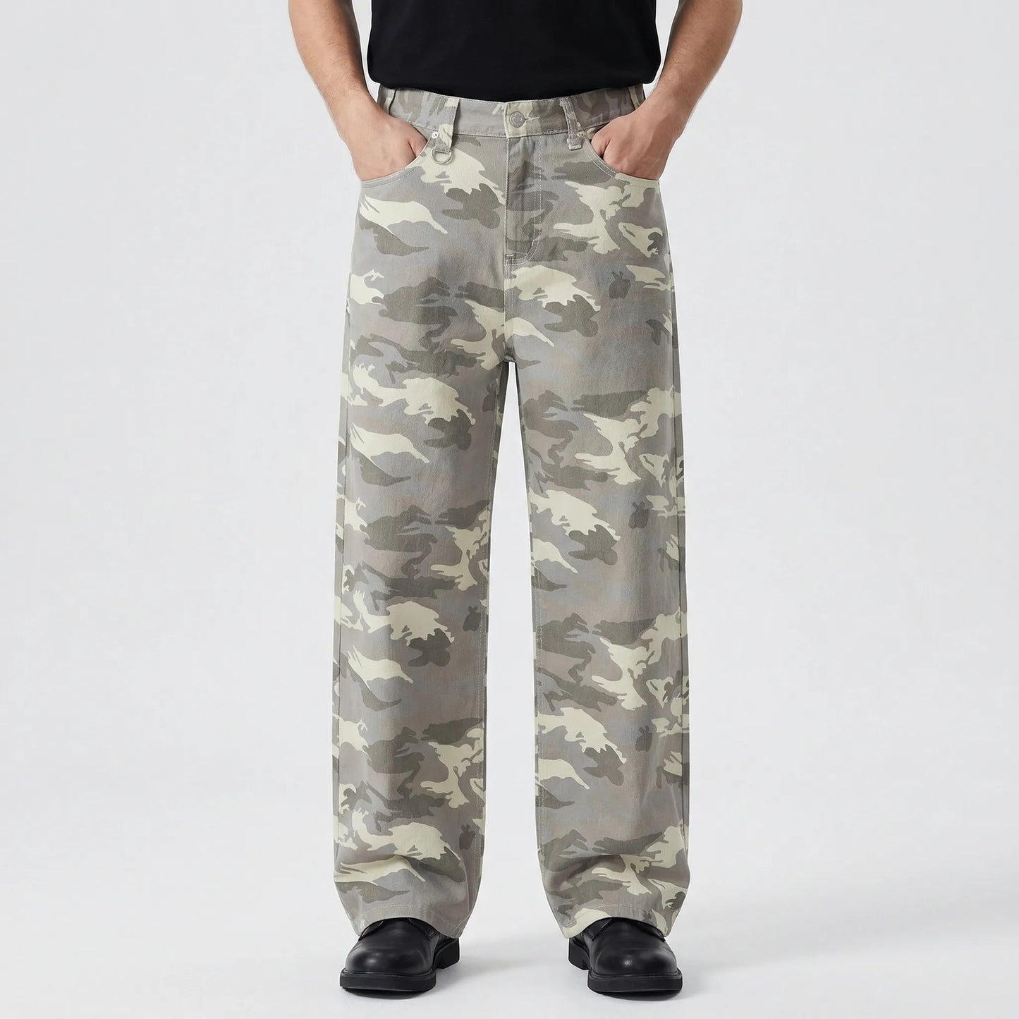 Camoflux - Loose Wide Leg Camouflage Denim Trousers  Casual Everyday Wear