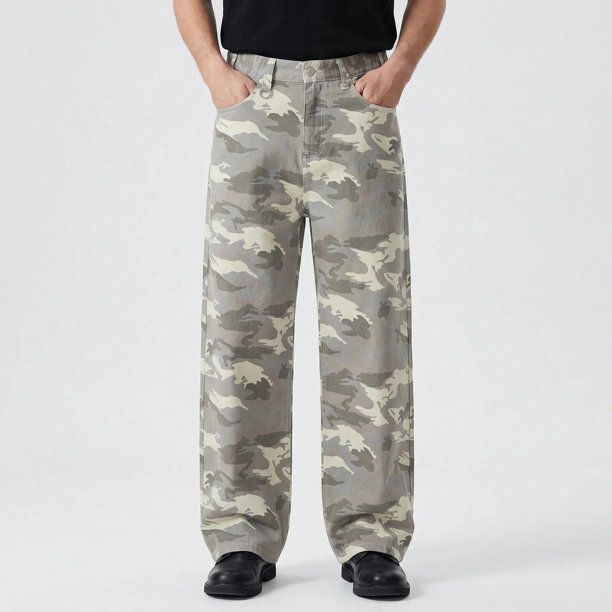 Camoflux - Loose Wide Leg Camouflage Denim Trousers  Casual Everyday Wear