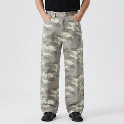 Camoflux - Loose Wide Leg Camouflage Denim Trousers  Casual Everyday Wear
