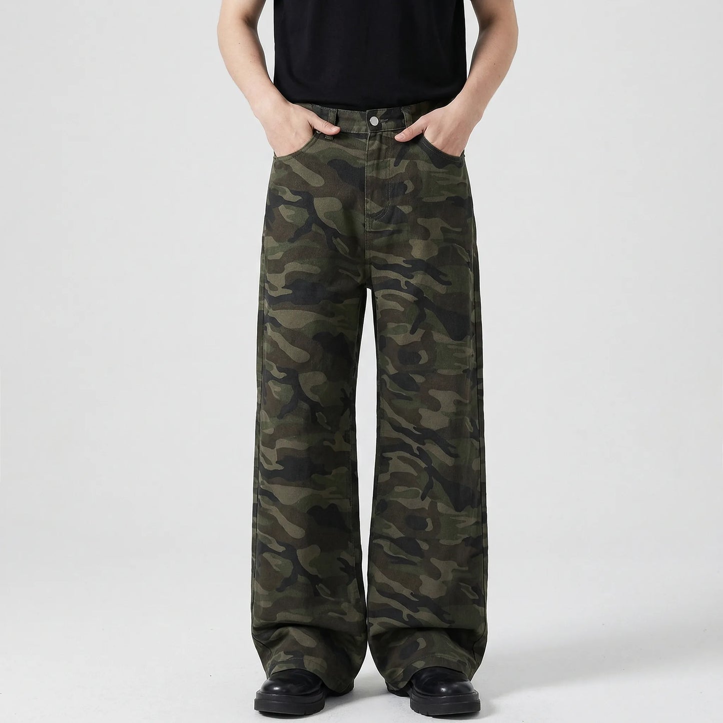 Camoflux - Loose Wide Leg Camouflage Denim Trousers  Casual Everyday Wear