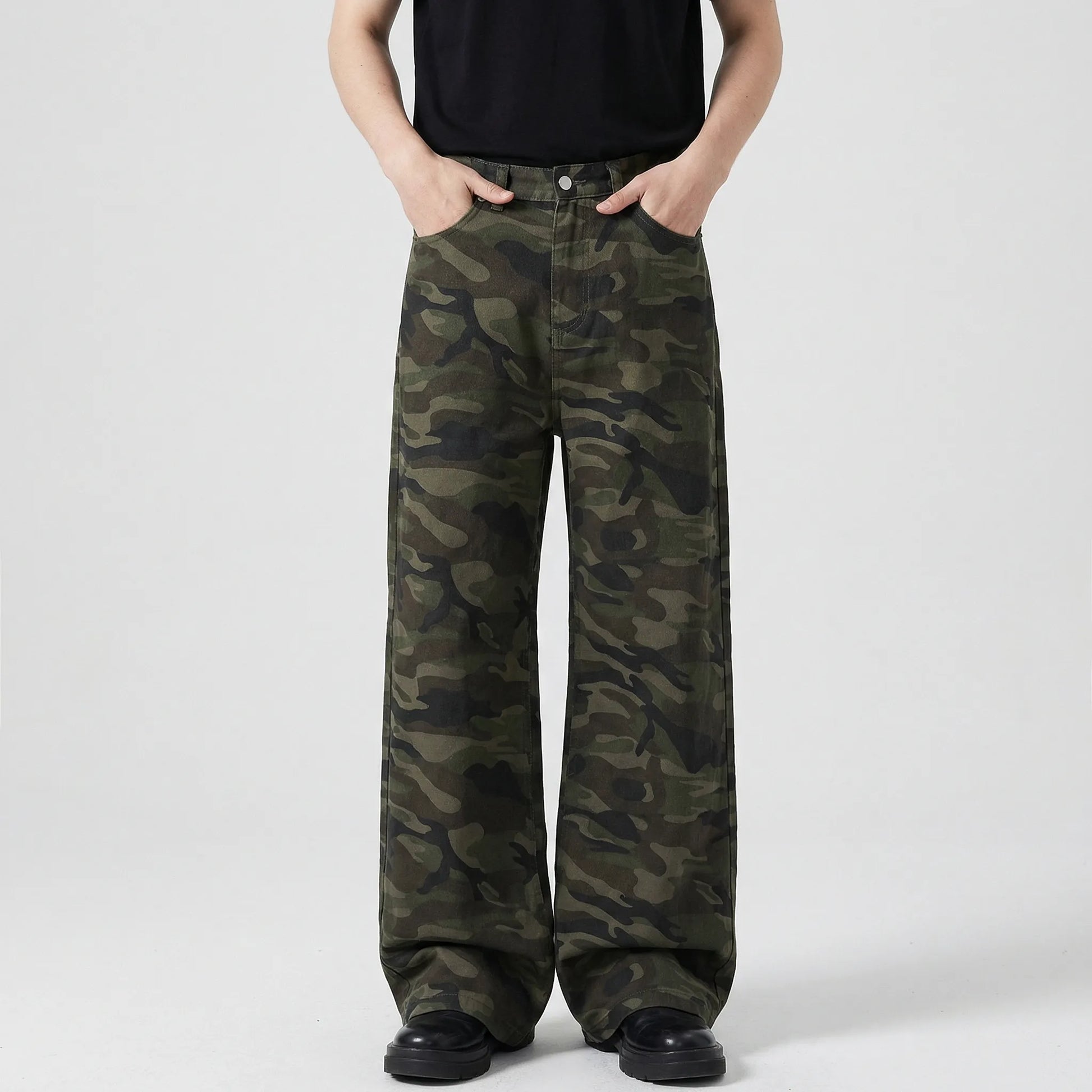 Camoflux - Loose Wide Leg Camouflage Denim Trousers  Casual Everyday Wear