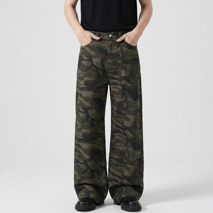 Camoflux - Loose Wide Leg Camouflage Denim Trousers  Casual Everyday Wear