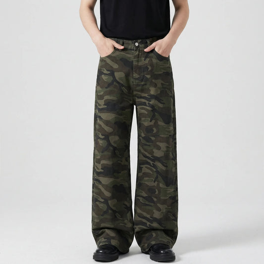 Camoflux - Loose Wide Leg Camouflage Denim Trousers  Casual Everyday Wear