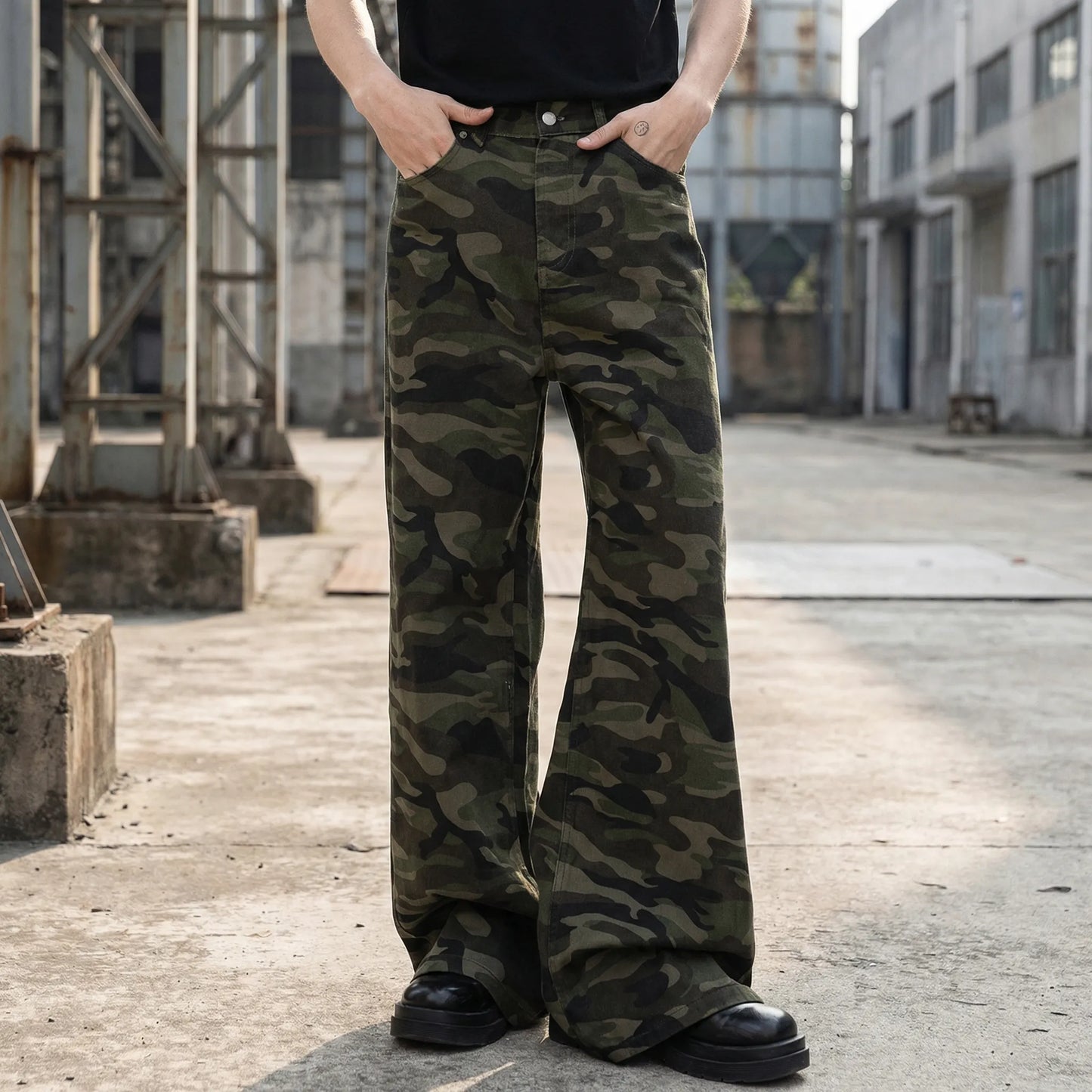 Camoflux - Loose Wide Leg Camouflage Denim Trousers  Casual Everyday Wear