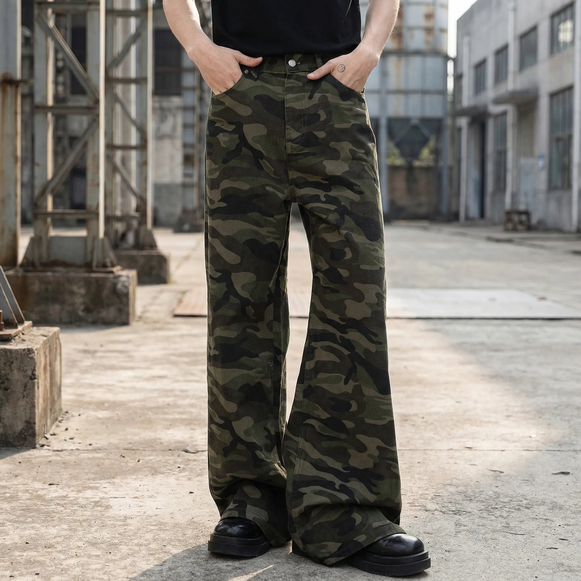 Camoflux - Loose Wide Leg Camouflage Denim Trousers  Casual Everyday Wear