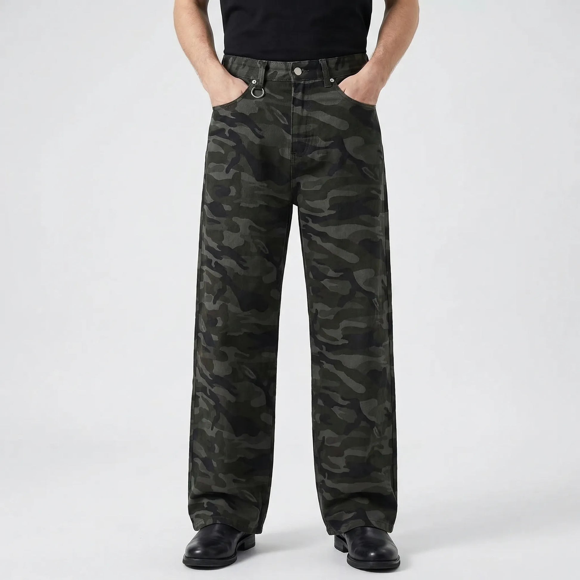 Camoflux - Loose Wide Leg Camouflage Denim Trousers  Casual Everyday Wear