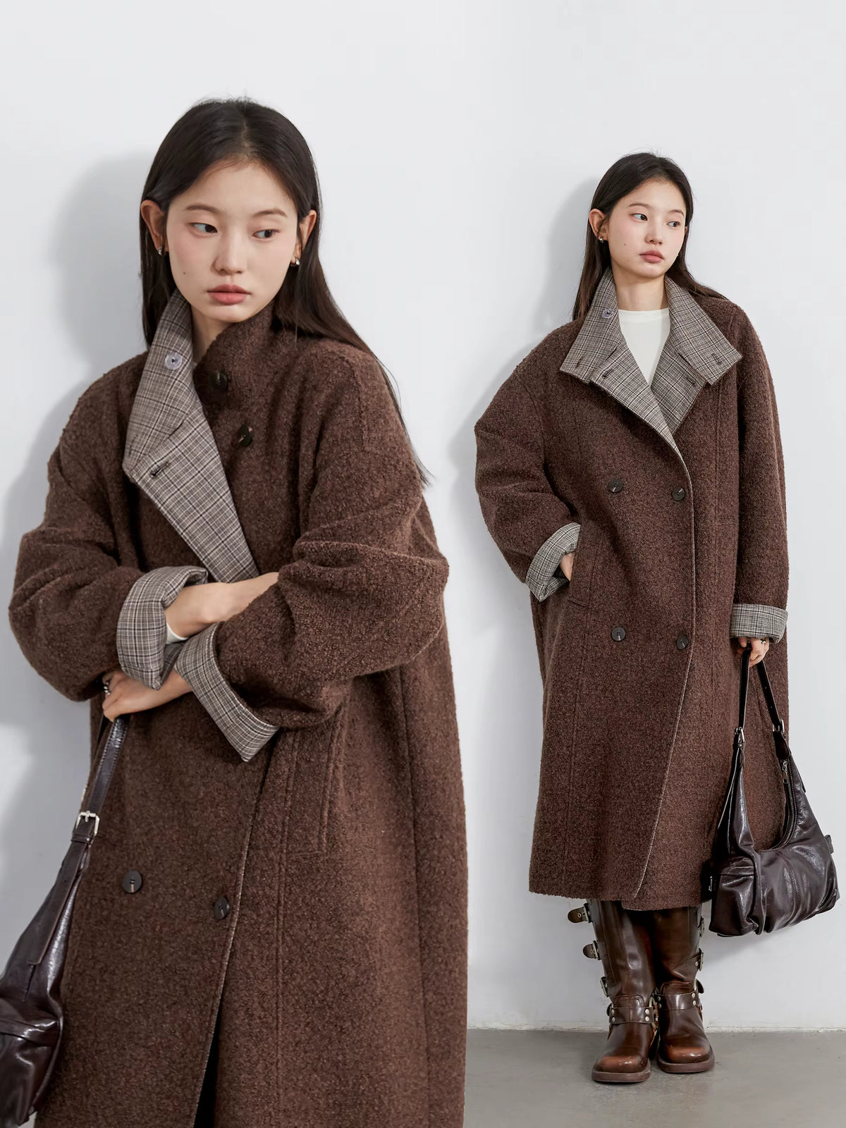 Women's Long Wool Coat | Double Breasted | Plaid Spliced Design | Loose Fit | Steven & Levon