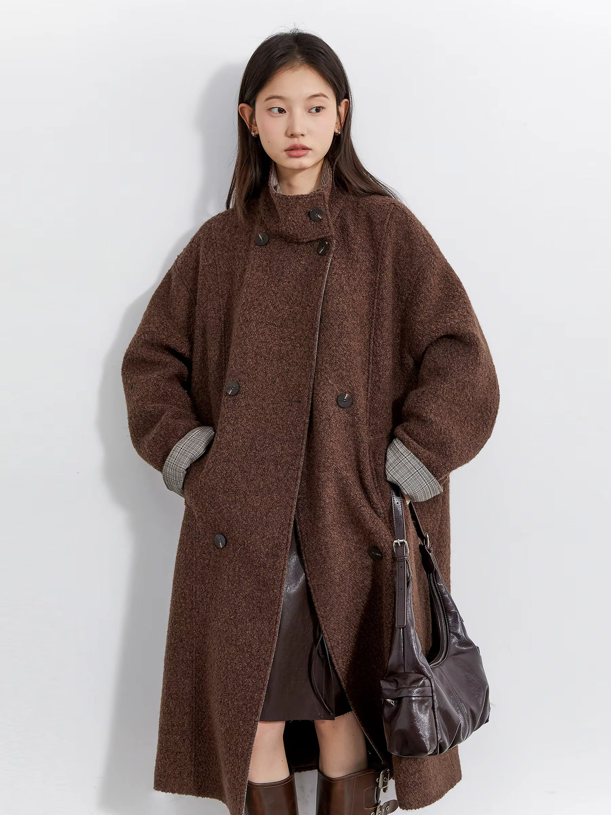 Women's Long Wool Coat | Double Breasted | Plaid Spliced Design | Loose Fit | Steven & Levon