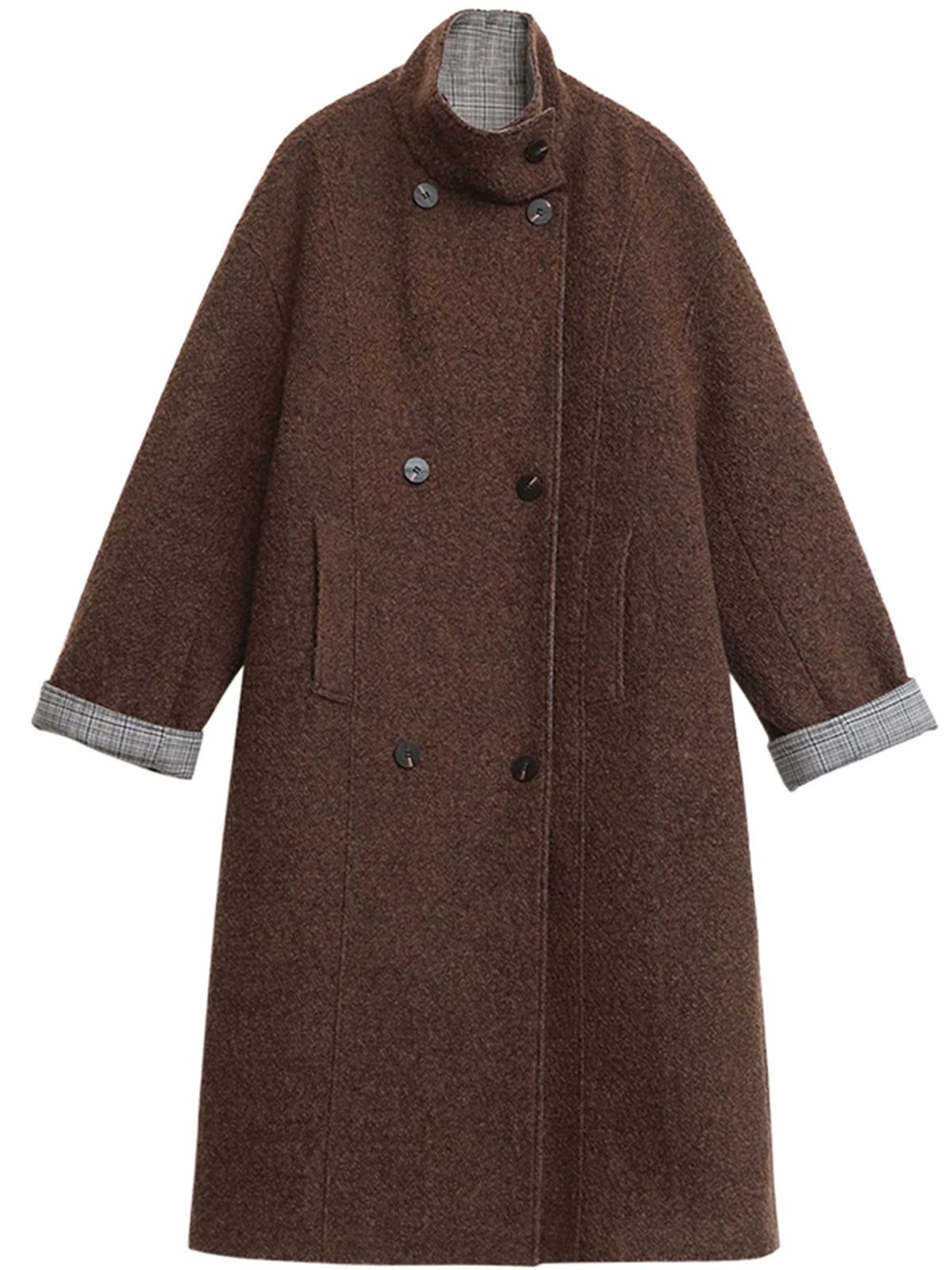 Women's Long Wool Coat | Double Breasted | Plaid Spliced Design | Loose Fit | Steven & Levon