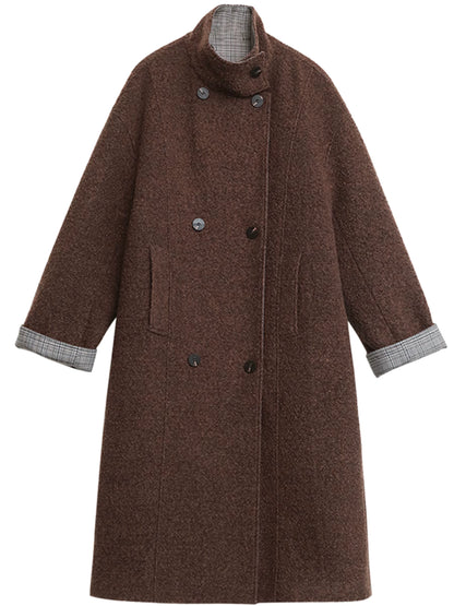 Women's Long Wool Coat | Double Breasted | Plaid Spliced Design | Loose Fit | Steven & Levon