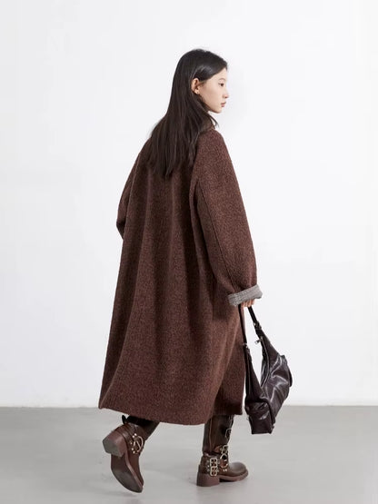 Women's Long Wool Coat | Double Breasted | Plaid Spliced Design | Loose Fit | Steven & Levon