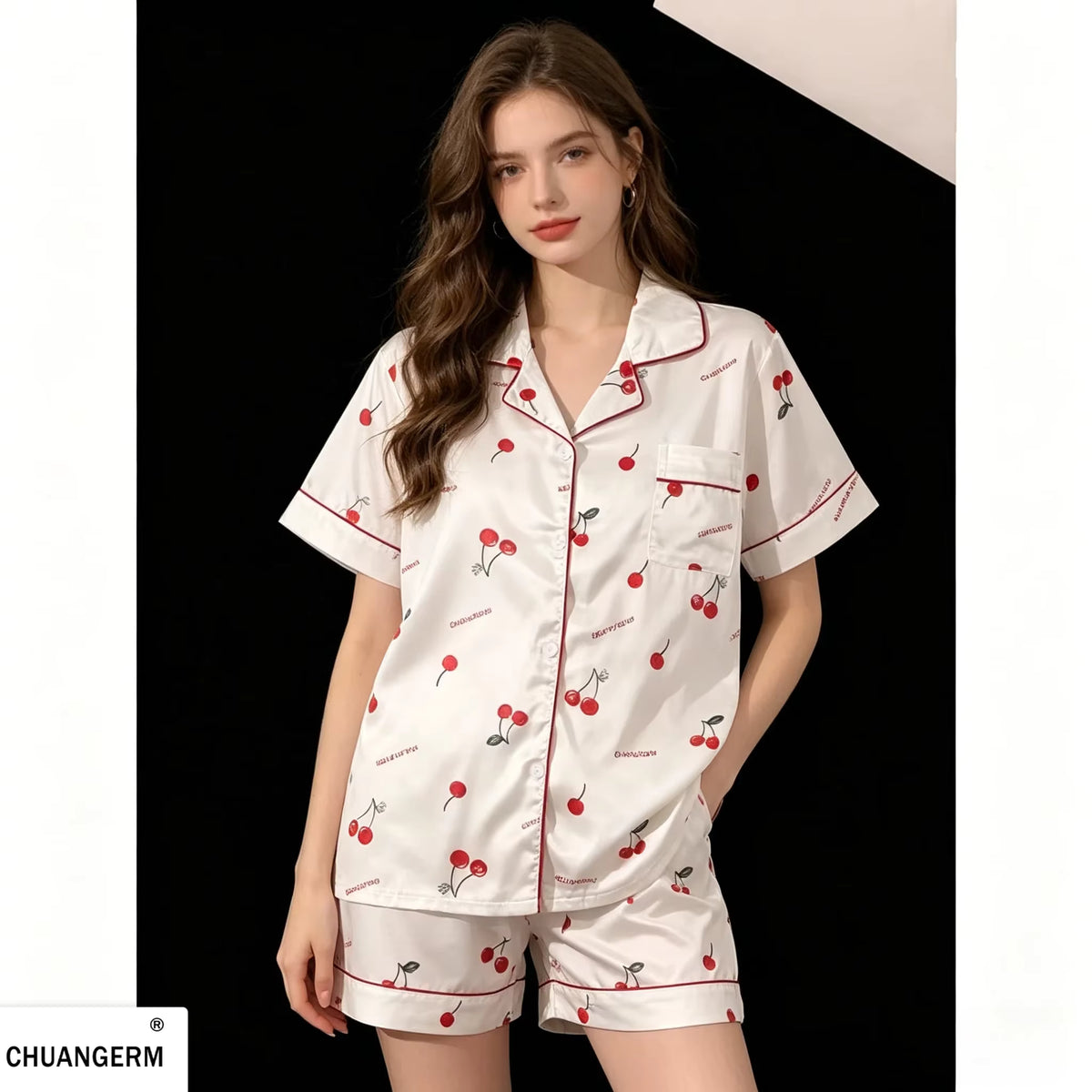 Cherry Print Pajama Set | Women's Satin Pajama | Summer Sleepwear | Steven & Levon