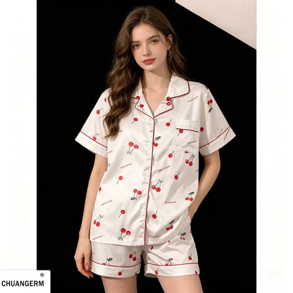 Cherry Print Pajama Set | Women's Satin Pajama | Summer Sleepwear | Steven & Levon