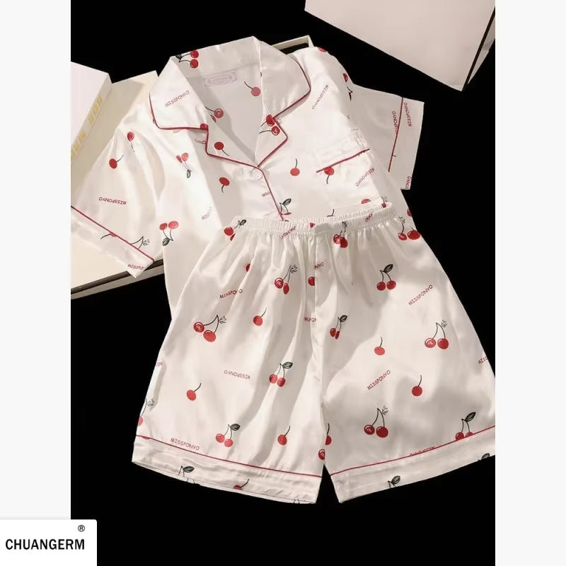 Cherry Print Pajama Set | Women's Satin Pajama | Summer Sleepwear | Steven & Levon