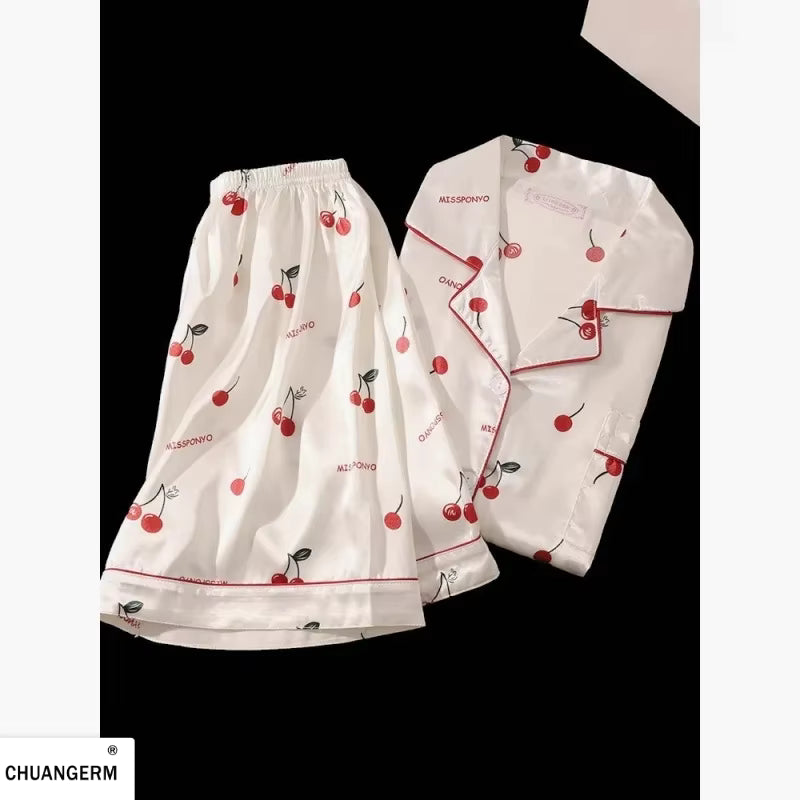 Cherry Print Pajama Set | Women's Satin Pajama | Summer Sleepwear | Steven & Levon