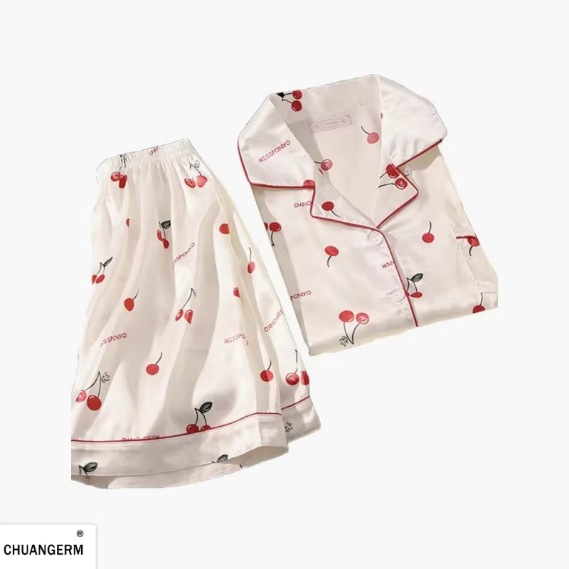 Cherry Print Pajama Set | Women's Satin Pajama | Summer Sleepwear | Steven & Levon