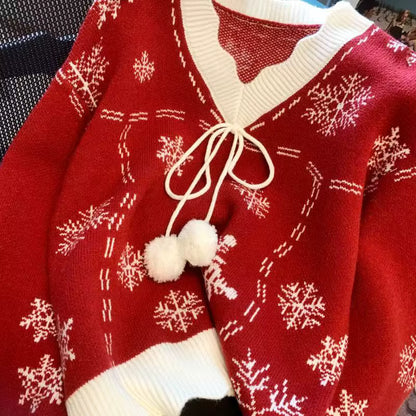 Snowflake Knit Sweater | Womens Christmas Sweater | V Neck Bow Detail | Long Sleeve | Steven & Levon