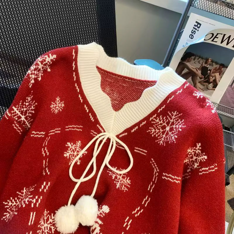 Snowflake Knit Sweater | Womens Christmas Sweater | V Neck Bow Detail | Long Sleeve | Steven & Levon