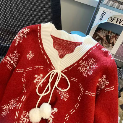 Snowflake Knit Sweater | Womens Christmas Sweater | V Neck Bow Detail | Long Sleeve | Steven & Levon