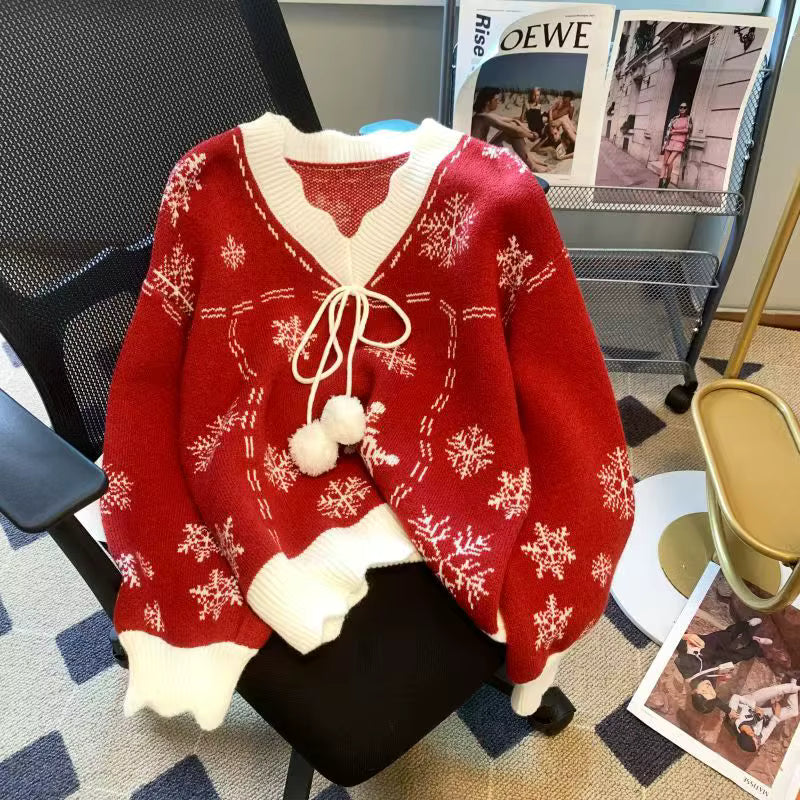 Snowflake Knit Sweater | Womens Christmas Sweater | V Neck Bow Detail | Long Sleeve | Steven & Levon