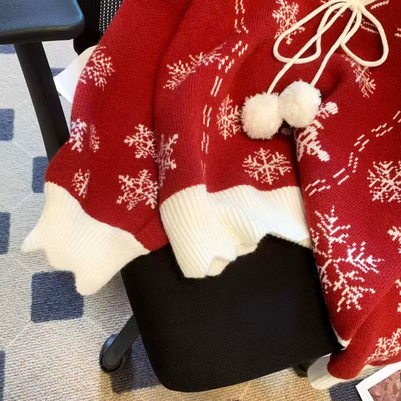 Snowflake Knit Sweater | Womens Christmas Sweater | V Neck Bow Detail | Long Sleeve | Steven & Levon