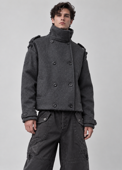 Wool Blend Short Coat | Men Peacoat | Oversize Double Breasted Stand Collar Winter | Steven & Levon