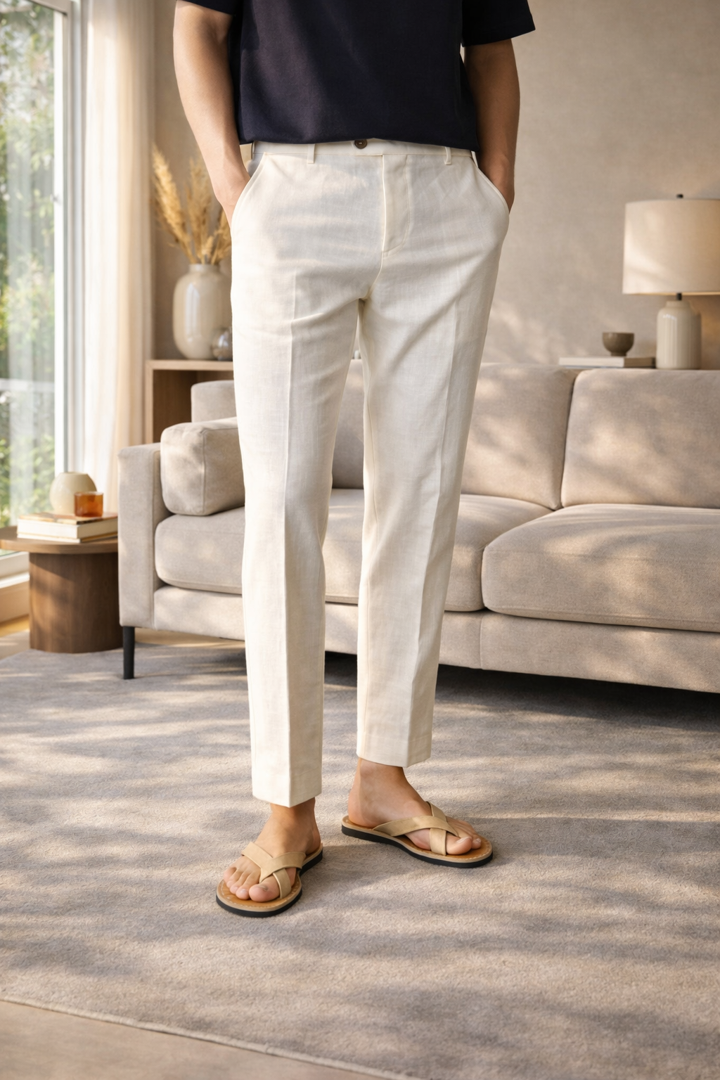Linen Blend Tailored Trousers | Men | Straight Leg | Lightweight Smart Casual Pants | Steven & Levon