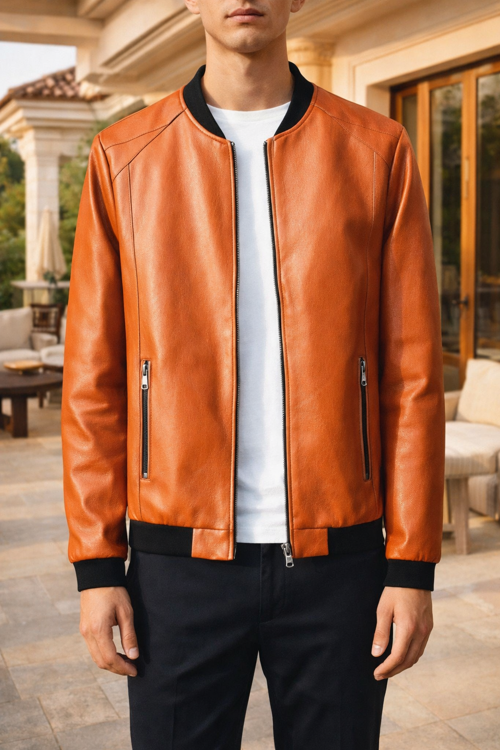Men's Leather Bomber Jacket | Genuine Leather | Zip Front, Ribbed Trim Casual Outerwear | Steven & Levon