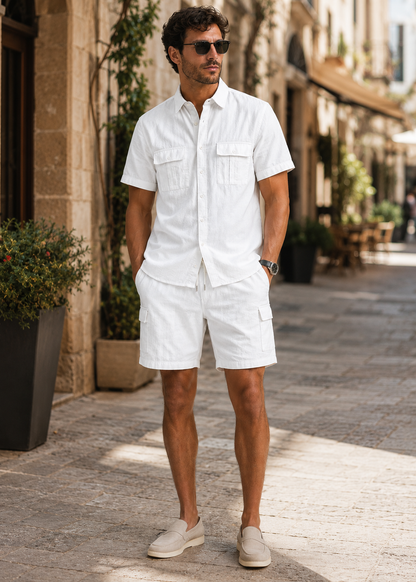 Men’s Casual Linen Shirt and Shorts Set | Men | Breathable Linen Blend | Summer Co-Ord Loungewear | Steven & Levon